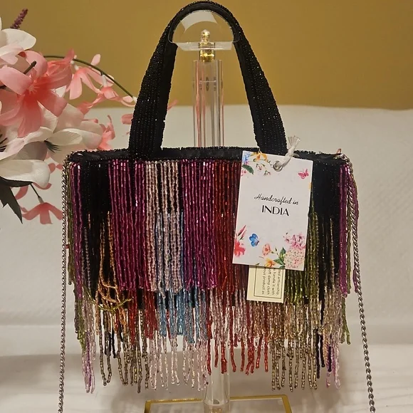 Made In India Multicolored Beaded Fringe Crossbody Bag - NWT - Picture 3 of 4